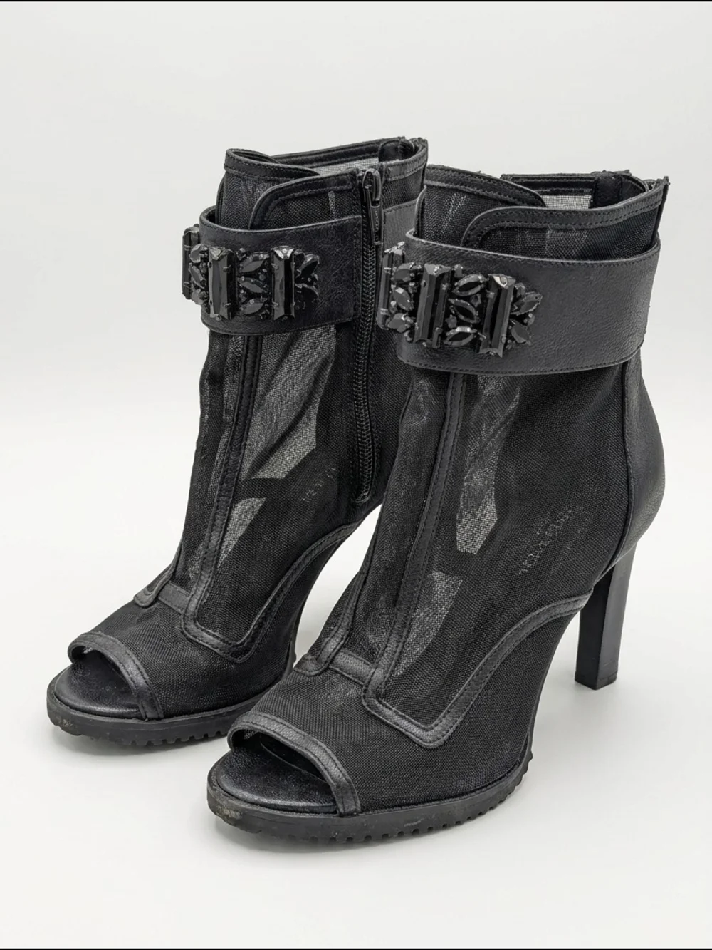 Karl Lagerfeld Black Mesh Peep-Toe Ankle Moto Boots with Embellished Strap